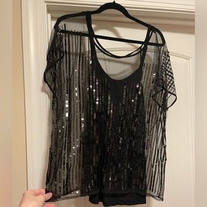 INC Women’s Sequin Top with Black Attached Camisole -OX